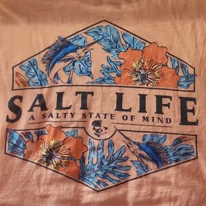 Mens Medium Salt Life Peach Tee with Blue and Orange Floral Design